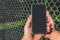 Mockup phone in the hands of a man. Against the background of a steel wire fence and nature Royalty Free Stock Photo