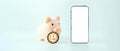 Mockup phone screen crypto currency app. Pig bank with golden bit coin, mobile smartphone mockup. Save currency bitcoin.