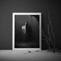 Mockup poster photo frame, an abandoned castle and a dark forest, AI Generaion Royalty Free Stock Photo