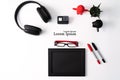 Mockup, Photo Frame, Action camera, Headphones, Glasses, Pen, and Cactus, Red and Black object on white background