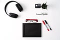 Mockup, Photo Frame, Action camera, Headphones, Glasses, Pen, and Cactus, Red and Black object on white background