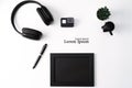 Mockup, Photo Frame, Action camera, Headphones, Pen, and Cactus, Black object on white background