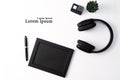 Mockup, Photo Frame, Action camera, Headphones, Pen, and Cactus, Black object on white background