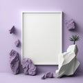 Mockup poster photo frame, lavender strands and jagged rocks AI Generaion Royalty Free Stock Photo