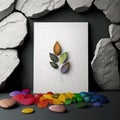 Mockup poster photo frame, rainbow-hued leaves and jagged stones AI Generaion
