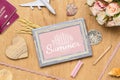 Mockup Photo Frame Travel Summer Holiday Background Concept. Flat lay top view mock up picture frame, passport, sea shells, flower Royalty Free Stock Photo