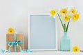 Mockup of picture frame decorated narcissus or daffodil flowers in vase and gift box for greeting on mother or woman day. Royalty Free Stock Photo