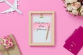 Mockup picture frame for travel with valentines day & love season background concept. Top view of mock up photo frame with craft Royalty Free Stock Photo