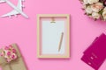 Mockup picture frame for travel with valentines day & love season background concept. Top view of mock up photo frame with craft Royalty Free Stock Photo