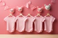 Mockup of pink baby bodysuits on pink background. Blank baby clothes template