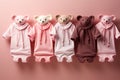 Mockup of pink baby bodysuits on pink background. Blank baby clothes template