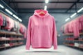 Mockup of pink hoodies on a hanger in a store