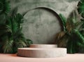 Mockup of a pink stone wall, a round platform on a background of dark marble, tropical leaves, monstera, palm. Generative AI