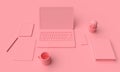 Mockup pink workplace woman with laptop. 3d rendering