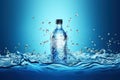 A mockup of a plastic bottle of mineral water with drops on a gradient blue background. Generated by AI Royalty Free Stock Photo