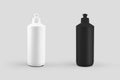 Mockup of plastic white, black bottle with push-pull, container with liquid for cleaning the house, dishwasher, isolated on