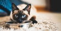 Mockup Playful Beige Dark Siamese Asian Cat Eating Wet Food Indoor in Cozy Leaving Room Royalty Free Stock Photo