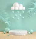 Mockup Podium With Cloud Rain Drop Palm Leaf And Wood Floor On Mint Pastel Abstract Background 3d Render Royalty Free Stock Photo