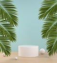 Mockup Podium On Wood Floor And Tropical Palm Leaf Abstract Background 3d Render Royalty Free Stock Photo