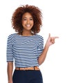 Mockup, portrait and black woman, pointing or happy with female isolated on white studio background. African American