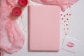 Mockup with postcard and jasmine on pink background. card and white flowers.waffle for ice cream, lip kiss Royalty Free Stock Photo