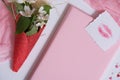 Mockup with postcard and jasmine on pink background. card and white flowers.waffle for ice cream, lip kiss Royalty Free Stock Photo