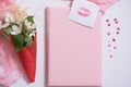 Mockup with postcard and jasmine on pink background. card and white flowers.waffle for ice cream, lip kiss Royalty Free Stock Photo