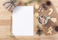 Mockup postcard for to do list and hot chocolate with marshmallow, cookie on wooden background. winter Christmas and Happy new