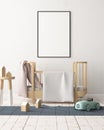 Mockup poster in the children`s room in pastel colors. Scandinavian style. 3d illustration.