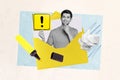 Mockup poster collage of minded guy writing postal postage letter with yellow exclamation sign announce hazard