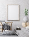 Mockup poster in ethnic style living room interior Royalty Free Stock Photo