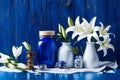 Mockup poster frame with blue background and white Lilly jar. Royalty Free Stock Photo