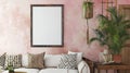 Mockup poster frame in bohemian home interior background ScandiBoho style Living Room. Generative Ai