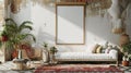 Mockup poster frame in bohemian home interior background ScandiBoho style Living Room. Generative Ai