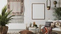 Mockup poster frame in bohemian home interior background ScandiBoho style Living Room. Generative Ai