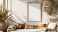 Mockup poster frame in bohemian home interior background ScandiBoho style Living Room. Generative Ai