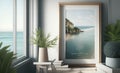 Mockup poster frame close up in coastal style home interior, 3d render Royalty Free Stock Photo