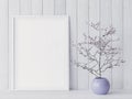 Mockup poster frame close up in coastal style interior with purple flower vase,