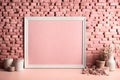 Pink Mockup poster frame with pink brick wall background. Royalty Free Stock Photo
