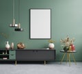 Mockup poster frame on wall in modern interior background,Dark green room Royalty Free Stock Photo