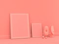 2 mockup poster frames on the floor in solid, single pink color room, 3d Rendering, side view