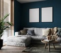 Two poster mockup with vertical frames on empty blue wall in stylish living room interior. 3d render Royalty Free Stock Photo