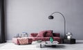 Mockup poster interior in grey modern living room background, red sofa. black floor lamp. 3D render Royalty Free Stock Photo