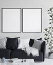 Mockup poster in living room interior, Scandinavian style Royalty Free Stock Photo