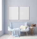 Mockup poster in modern living room interior in pastel colors