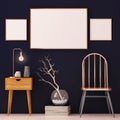 Mockup posters in the interior in copper frames on dark background. 3d Royalty Free Stock Photo