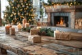 Mockup for product display on wooden table with Christmas tree and fireplace on background