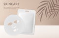 Mockup realistic 3d facial beauty sheet mask and white plastic packaging sachet on beige background with tropical