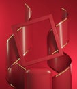 Mockup Red Stage Scene With Spiral Ribbon And Square Frame Abstract Backgroud 3d Render