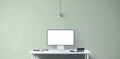 New computer display and office tools on desk. Modern creative workspace background. Front view. Royalty Free Stock Photo